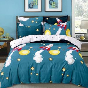 Lenjerie de pat pentru copii, Pat Dublu, 6 Piese, 100% Bumbac Finet, Rachete, Albastru, NOW11007
